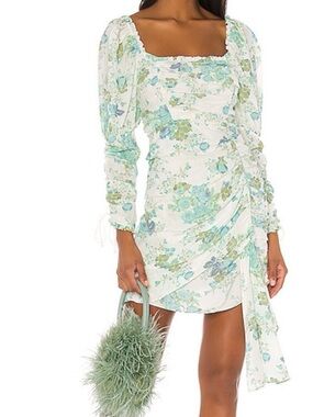 For Love & Lemons White Mini Dress with Mint & Light Blue Floral Print